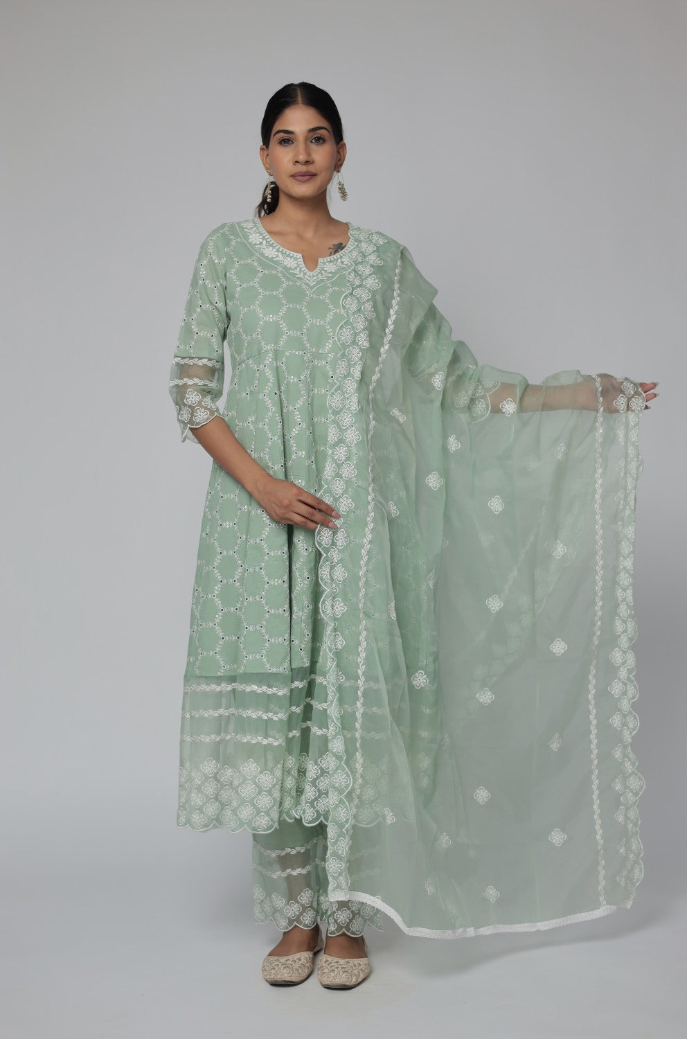 Sage Green Chikankari Anarkali Kurta with Cotton Pant and Organza Dupatta
