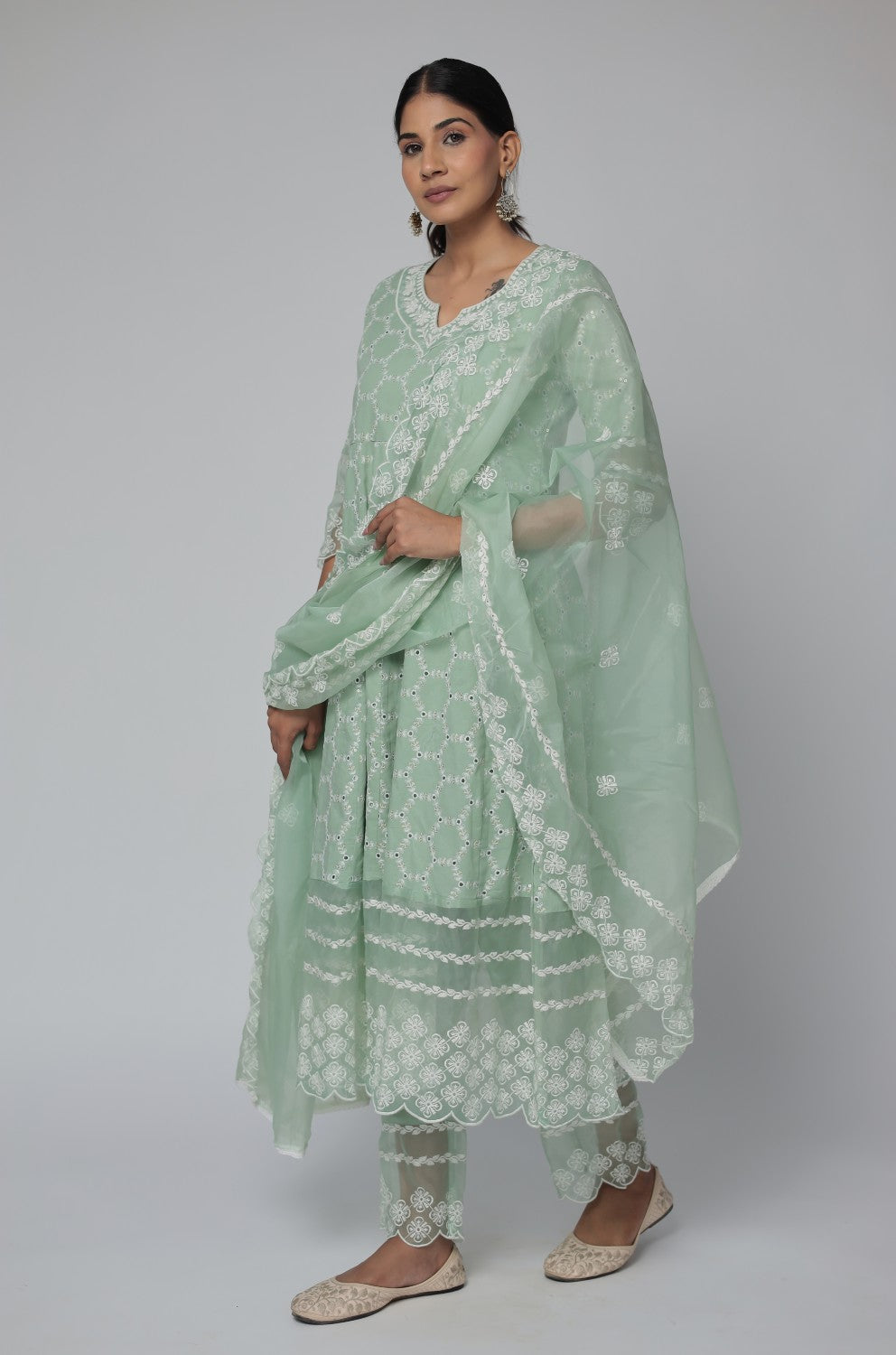 Sage Green Chikankari Anarkali Kurta with Cotton Pant and Organza Dupatta