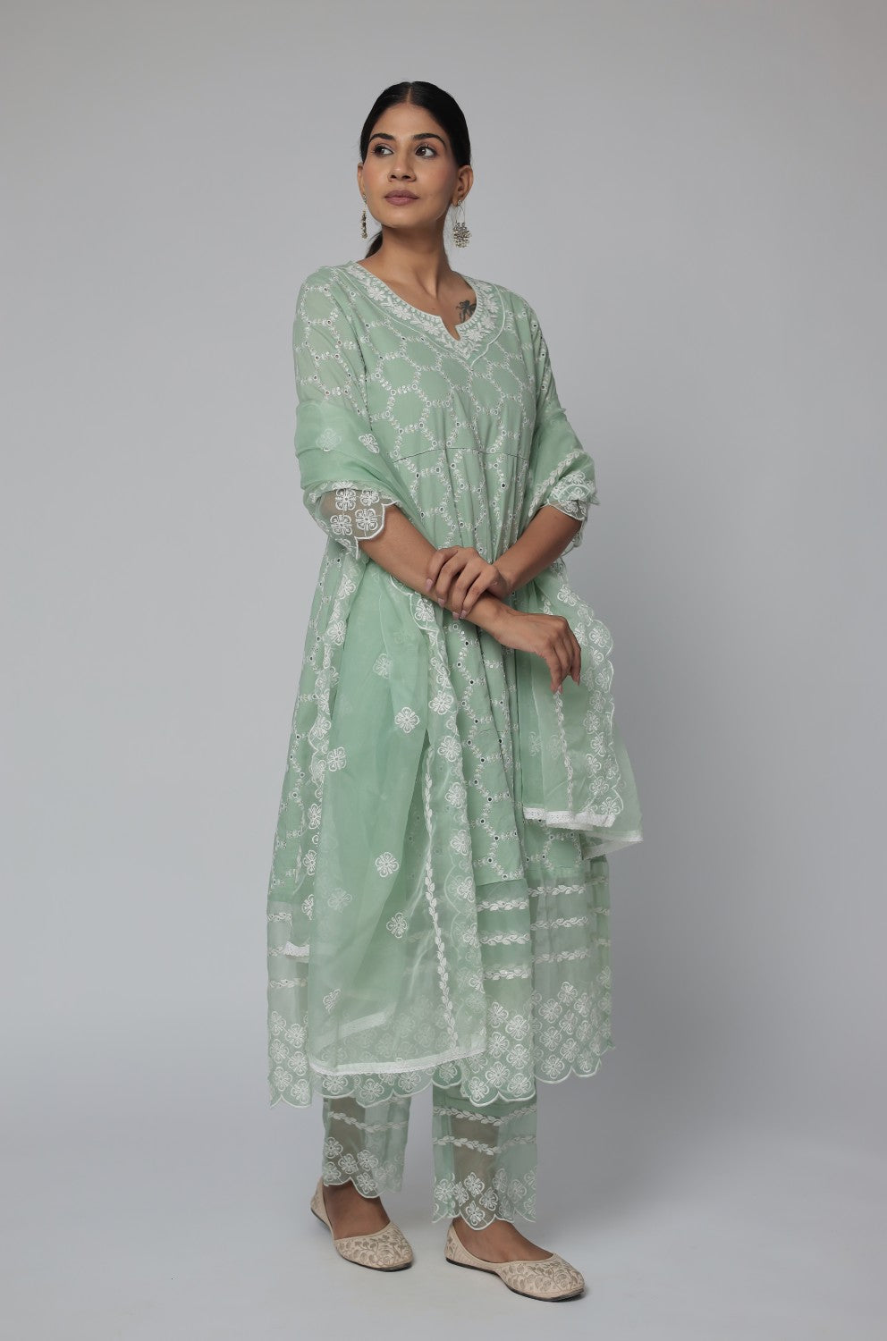 Sage Green Chikankari Anarkali Kurta with Cotton Pant and Organza Dupatta
