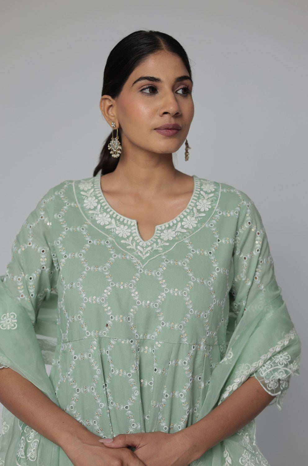 Sage Green Chikankari Anarkali Kurta with Cotton Pant and Organza Dupatta