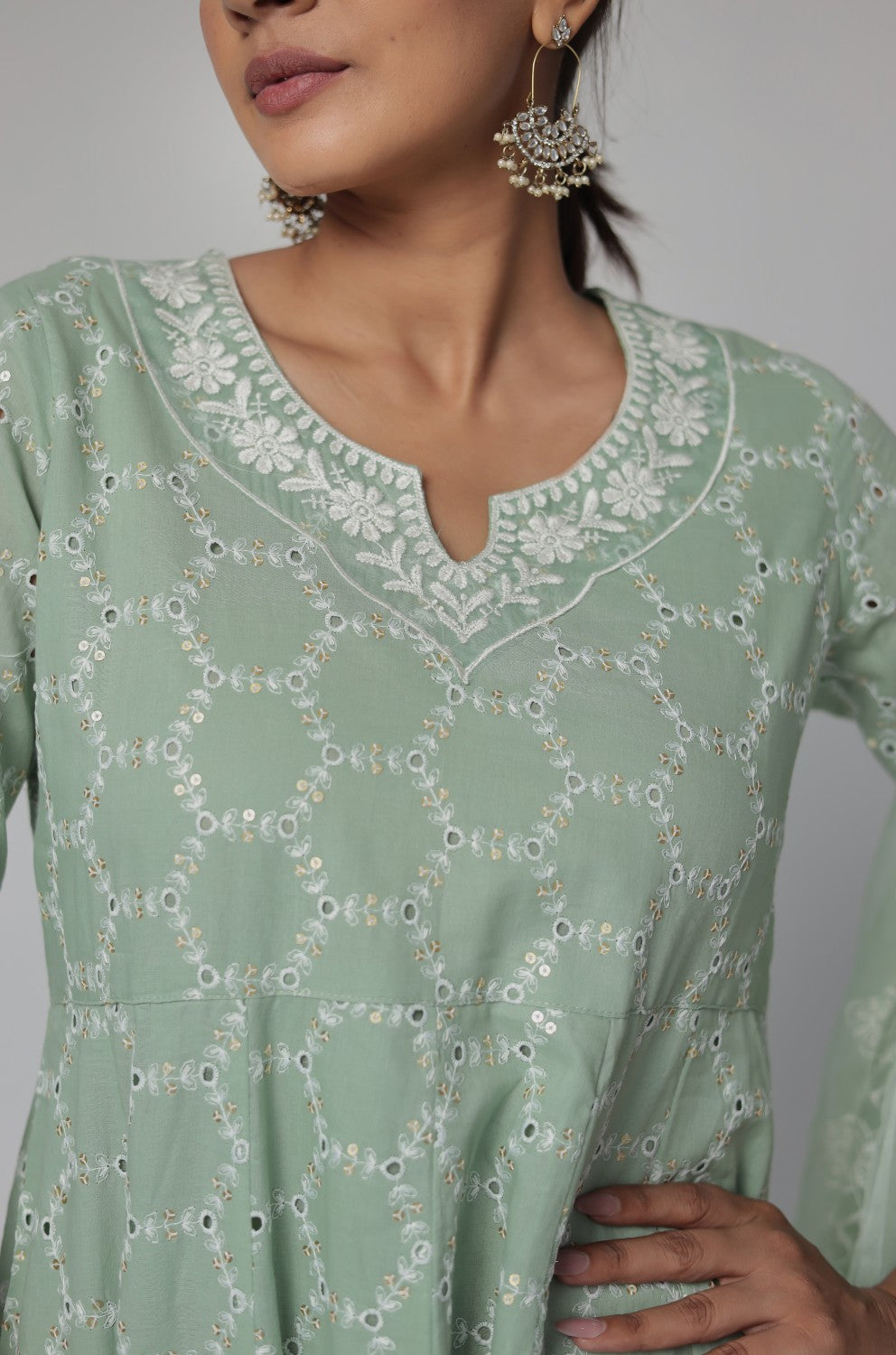Sage Green Chikankari Anarkali Kurta with Cotton Pant and Organza Dupatta