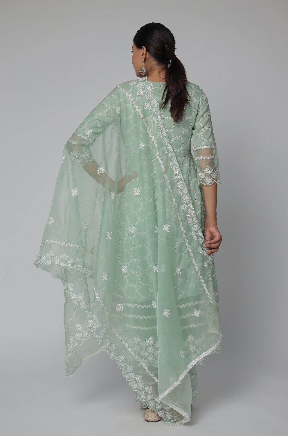 Sage Green Chikankari Anarkali Kurta with Cotton Pant and Organza Dupatta