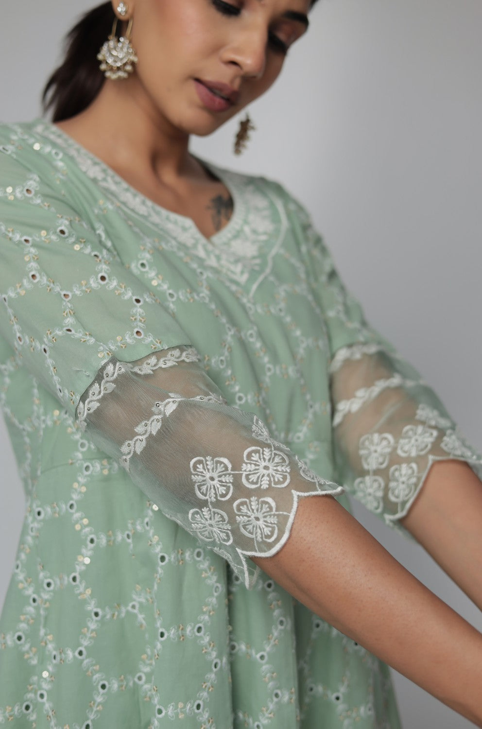 Sage Green Chikankari Anarkali Kurta with Cotton Pant and Organza Dupatta
