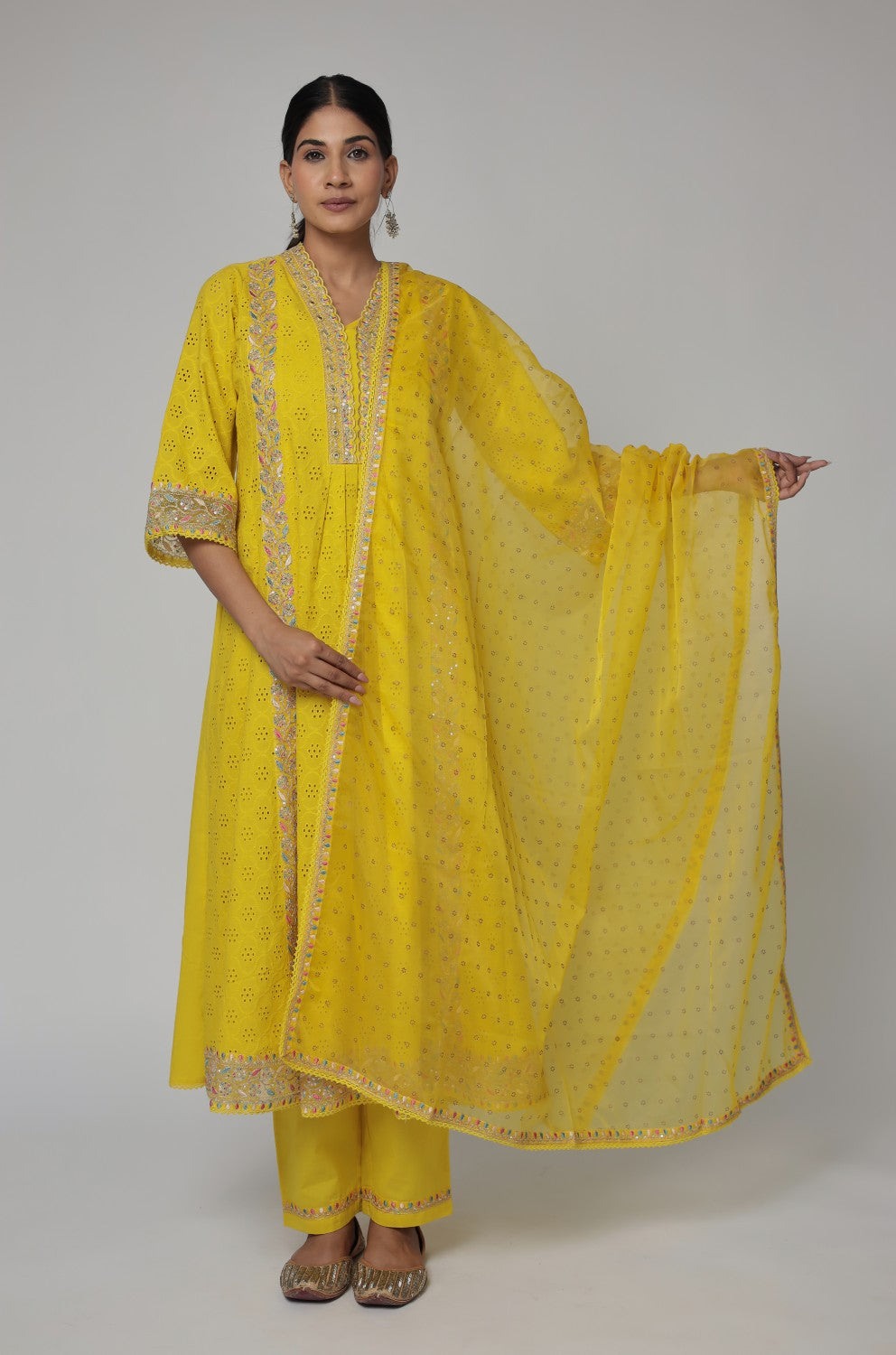 Beautiful mustard schiffili kurta with cotton pant and organza dupatta