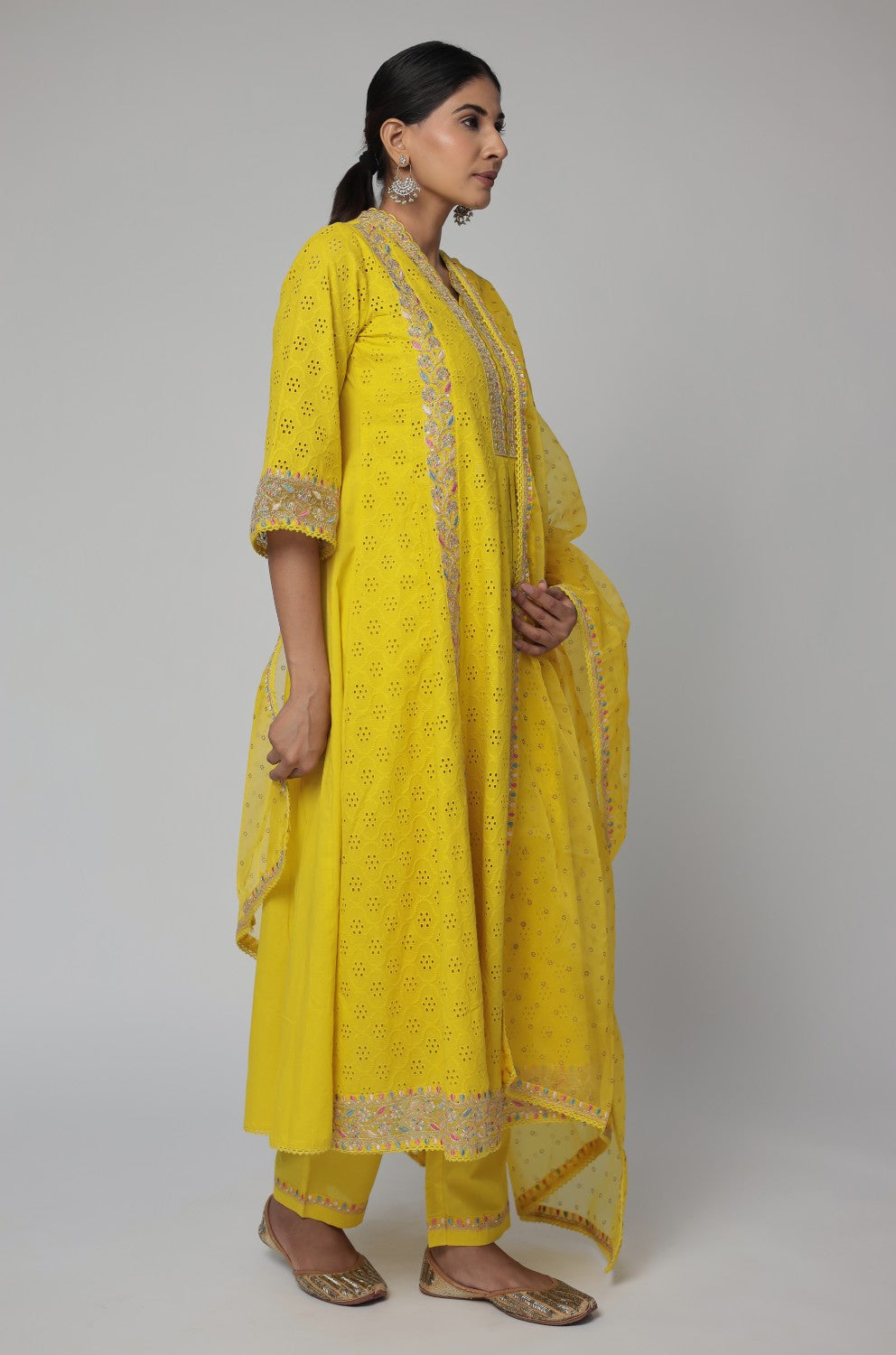 Beautiful mustard schiffili kurta with cotton pant and organza dupatta