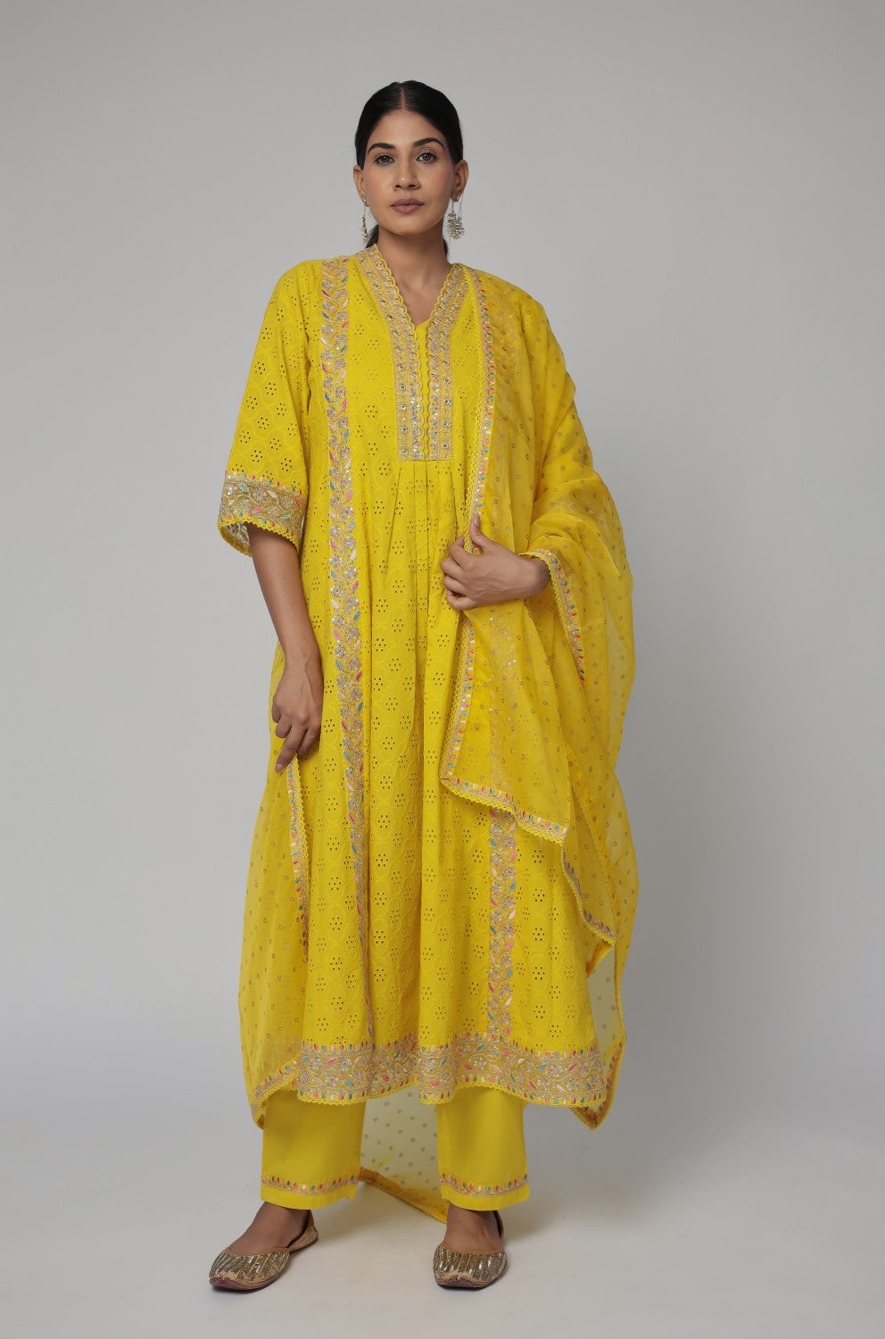 Beautiful mustard schiffili kurta with cotton pant and organza dupatta