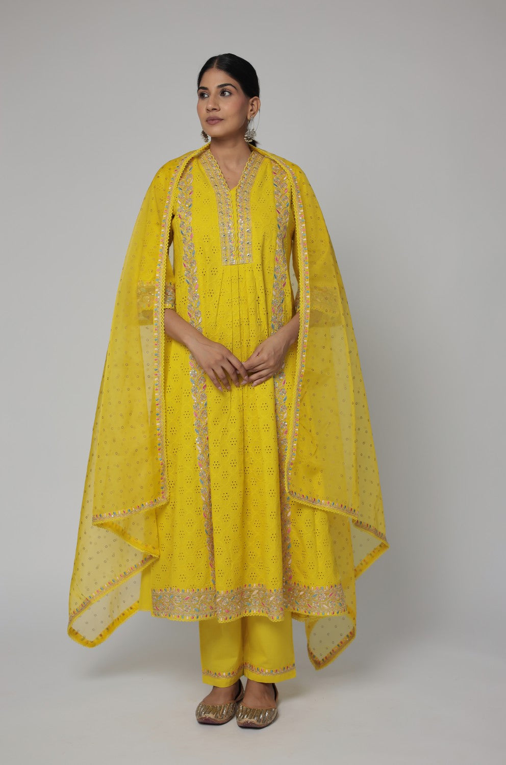 Beautiful mustard schiffili kurta with cotton pant and organza dupatta