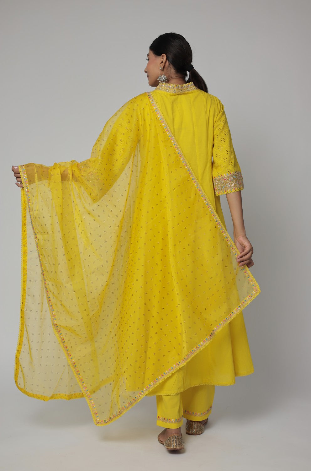 Beautiful mustard schiffili kurta with cotton pant and organza dupatta