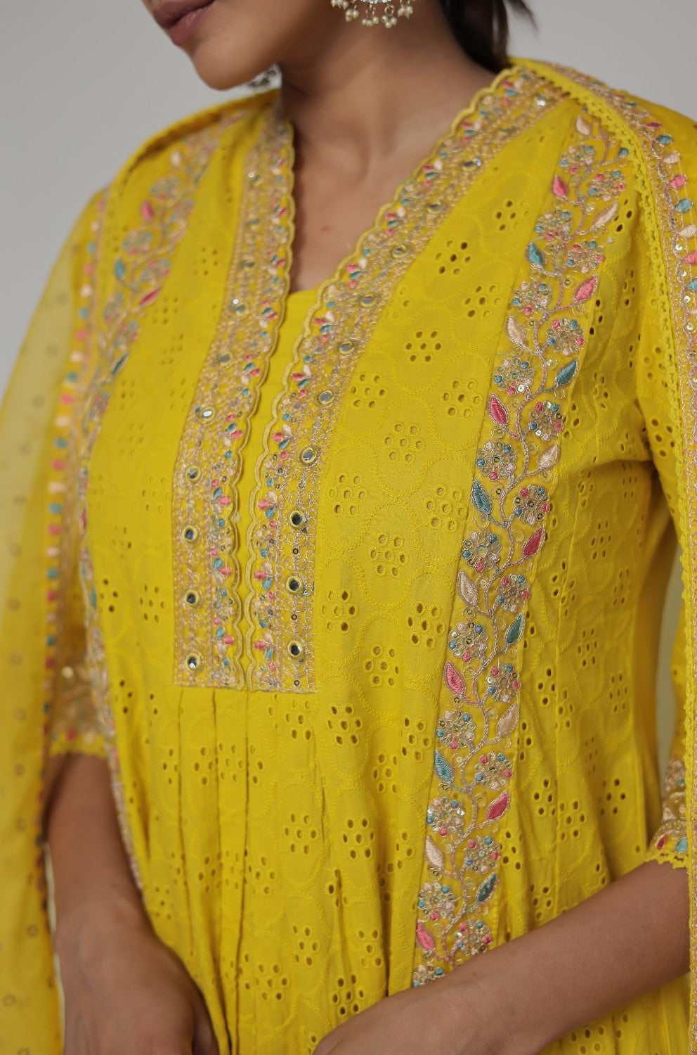 Beautiful mustard schiffili kurta with cotton pant and organza dupatta