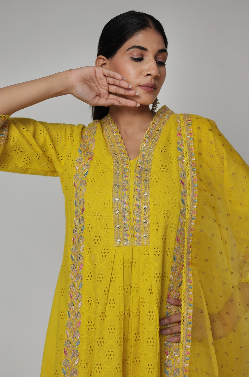 Beautiful mustard schiffili kurta with cotton pant and organza dupatta