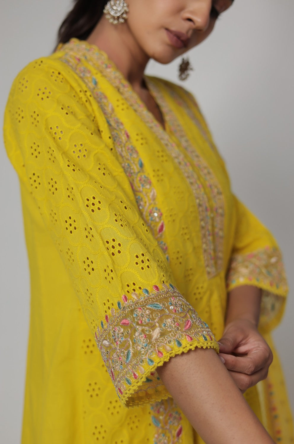 Beautiful mustard schiffili kurta with cotton pant and organza dupatta