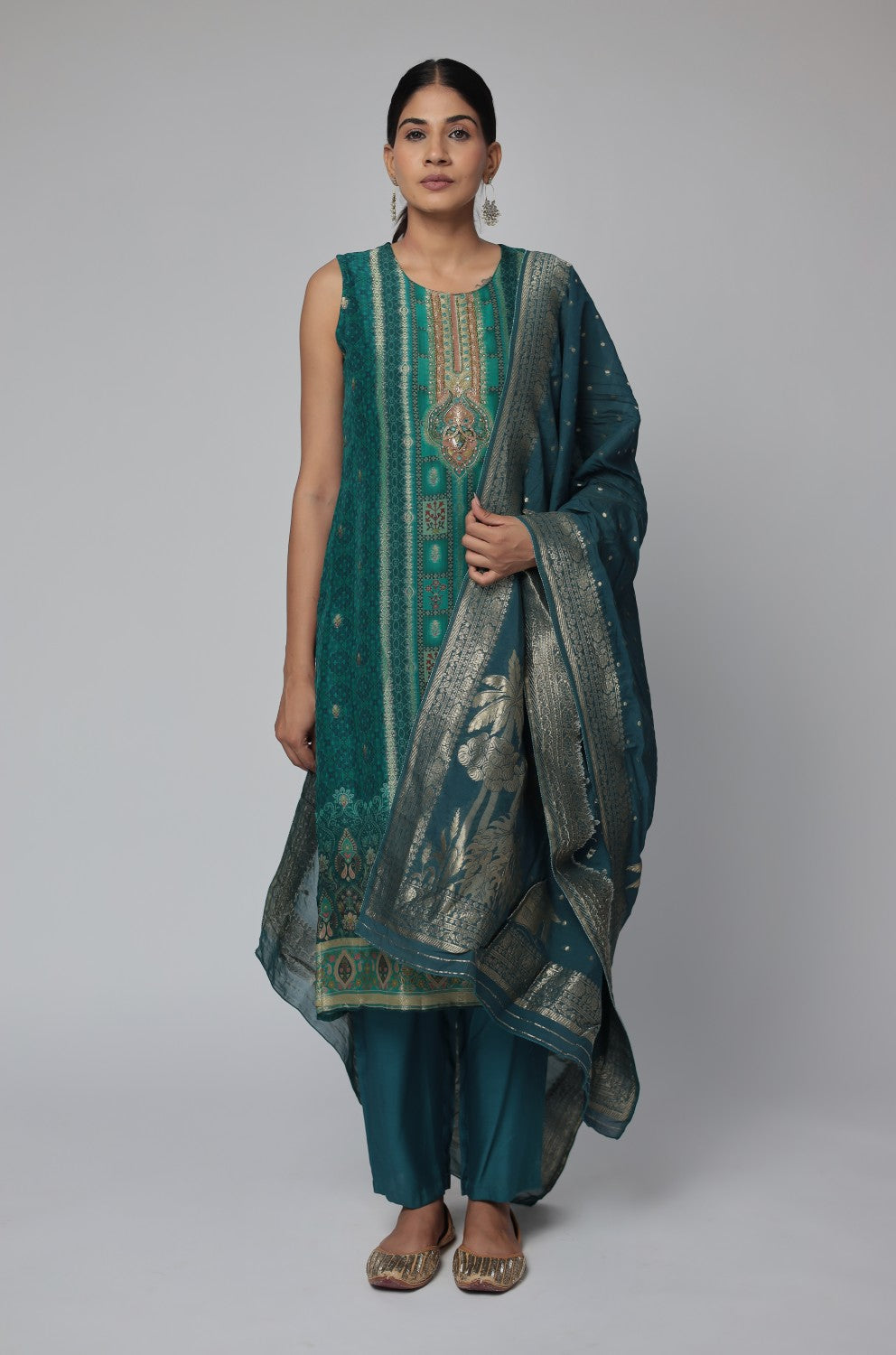 Banarasi Jacquard Chanderi Bottle Green Suit with Jacquard Dupatta, Soft Silk Pant and Inner Lining in Kurti