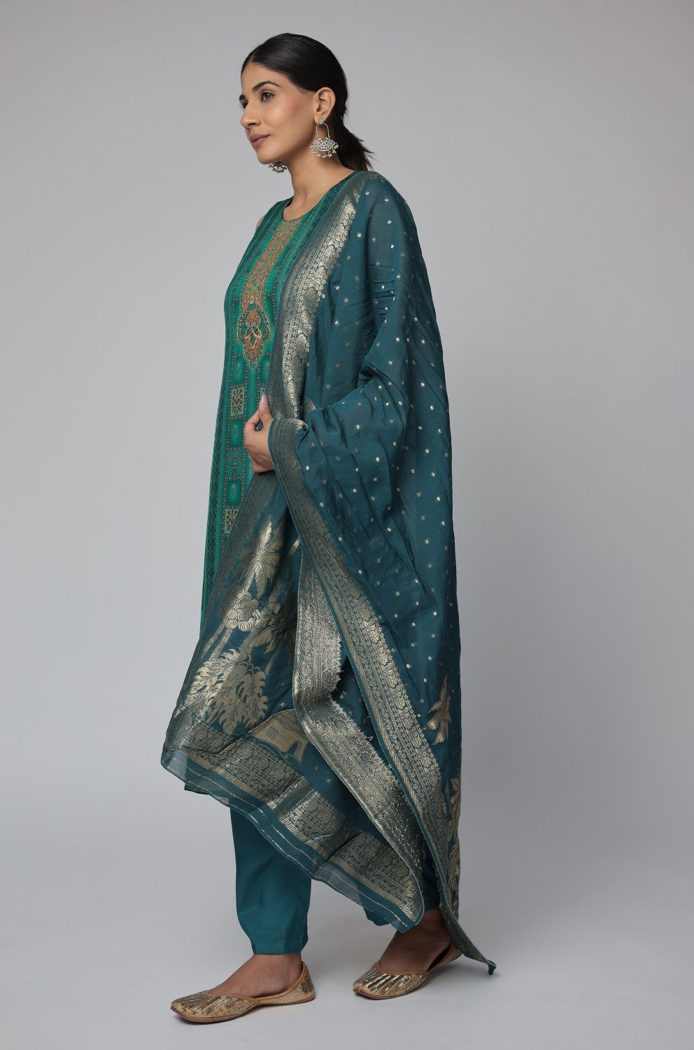 Banarasi Jacquard Chanderi Bottle Green Suit with Jacquard Dupatta, Soft Silk Pant and Inner Lining in Kurti