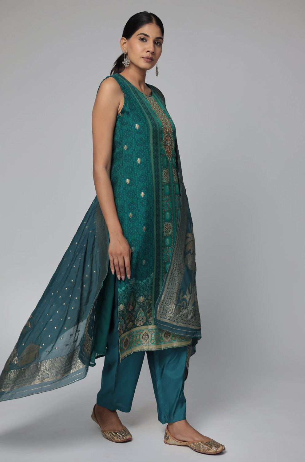 Banarasi Jacquard Chanderi Bottle Green Suit with Jacquard Dupatta, Soft Silk Pant and Inner Lining in Kurti