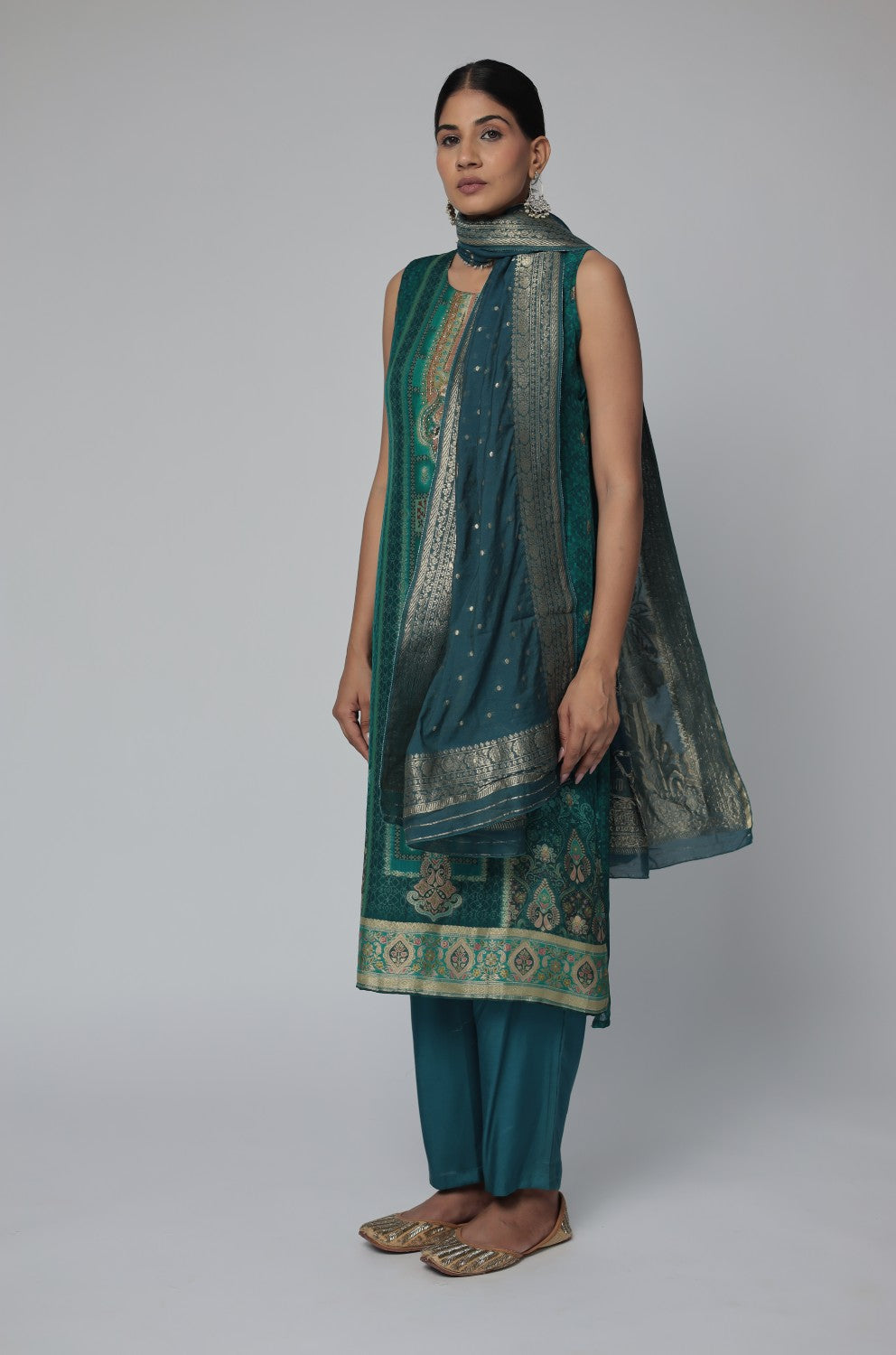 Banarasi Jacquard Chanderi Bottle Green Suit with Jacquard Dupatta, Soft Silk Pant and Inner Lining in Kurti