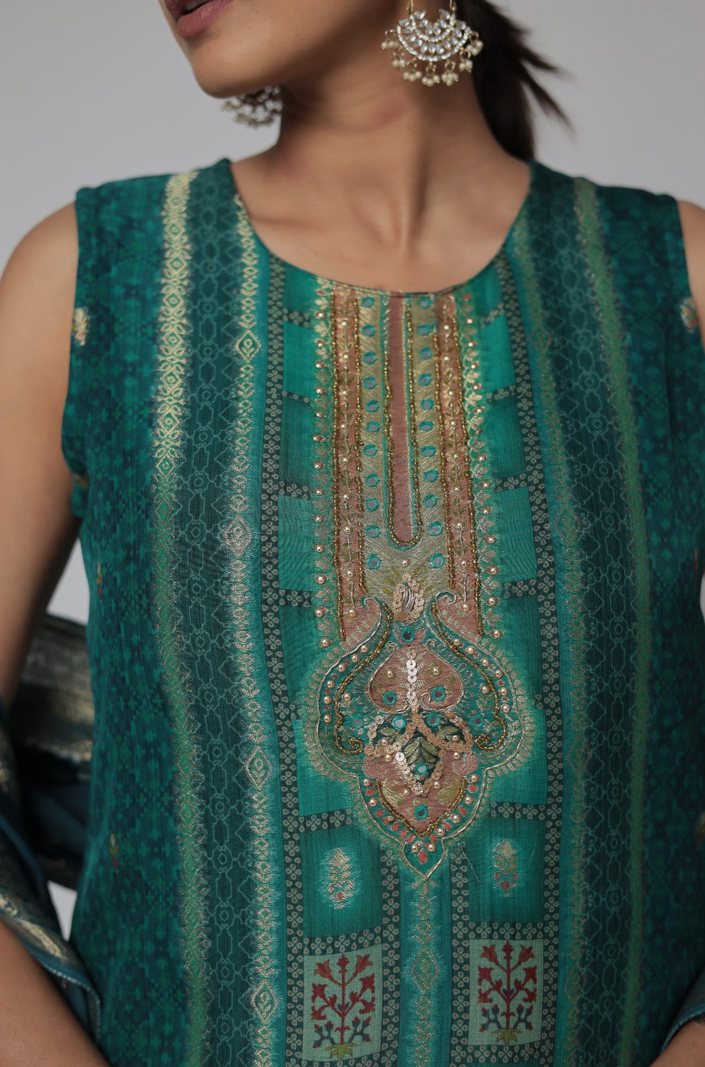 Banarasi Jacquard Chanderi Bottle Green Suit with Jacquard Dupatta, Soft Silk Pant and Inner Lining in Kurti