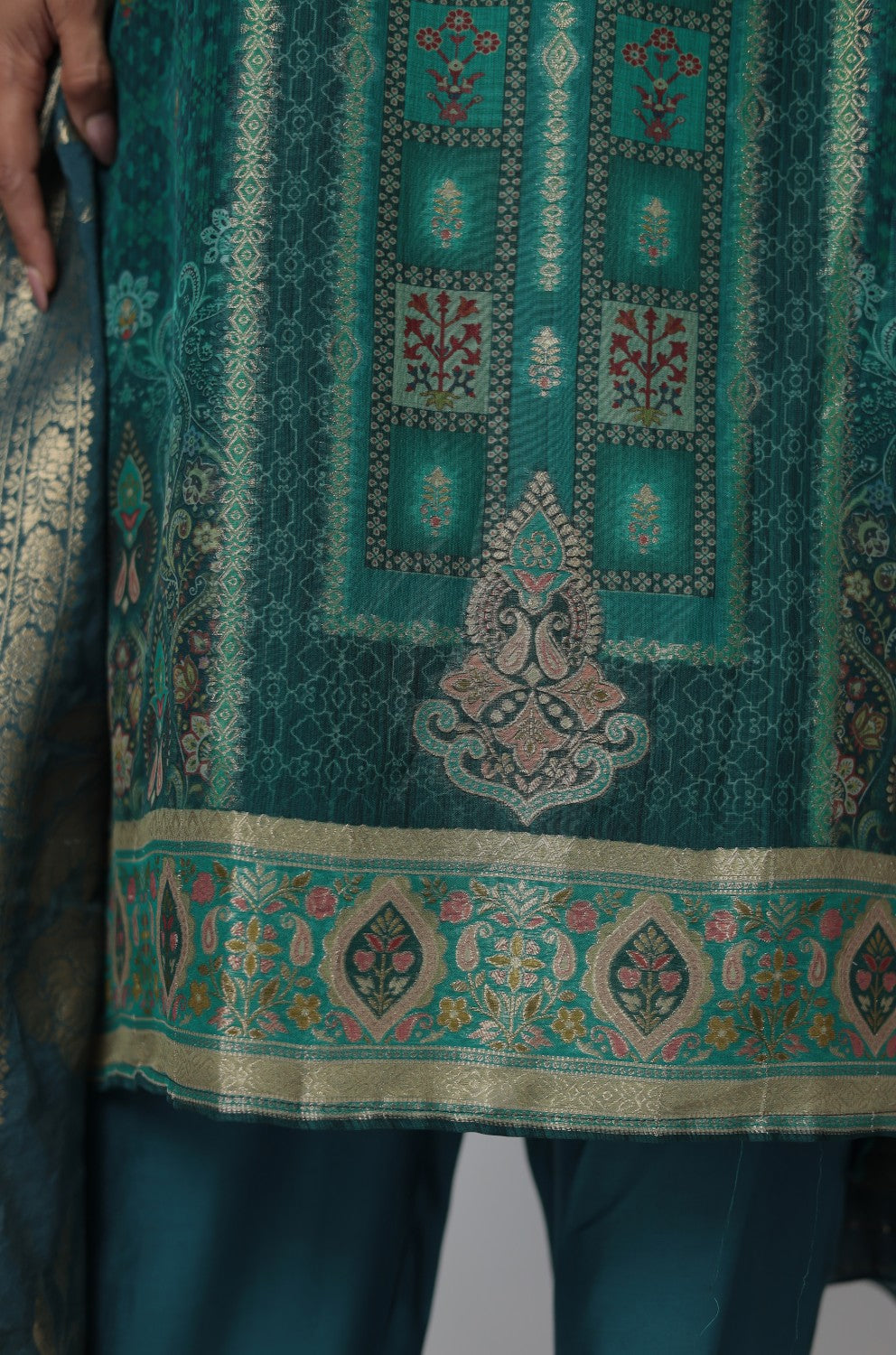 Banarasi Jacquard Chanderi Bottle Green Suit with Jacquard Dupatta, Soft Silk Pant and Inner Lining in Kurti