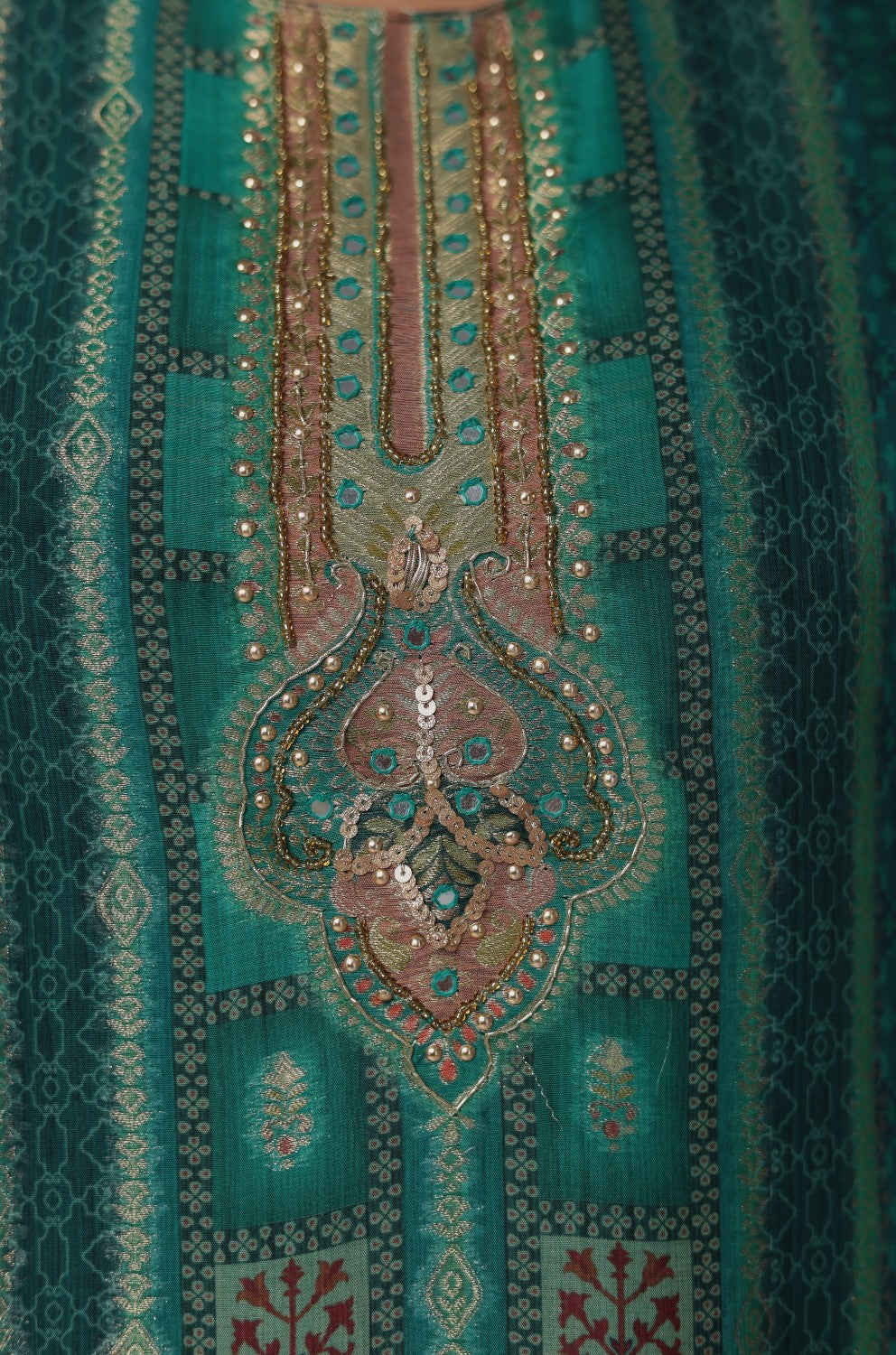 Banarasi Jacquard Chanderi Bottle Green Suit with Jacquard Dupatta, Soft Silk Pant and Inner Lining in Kurti