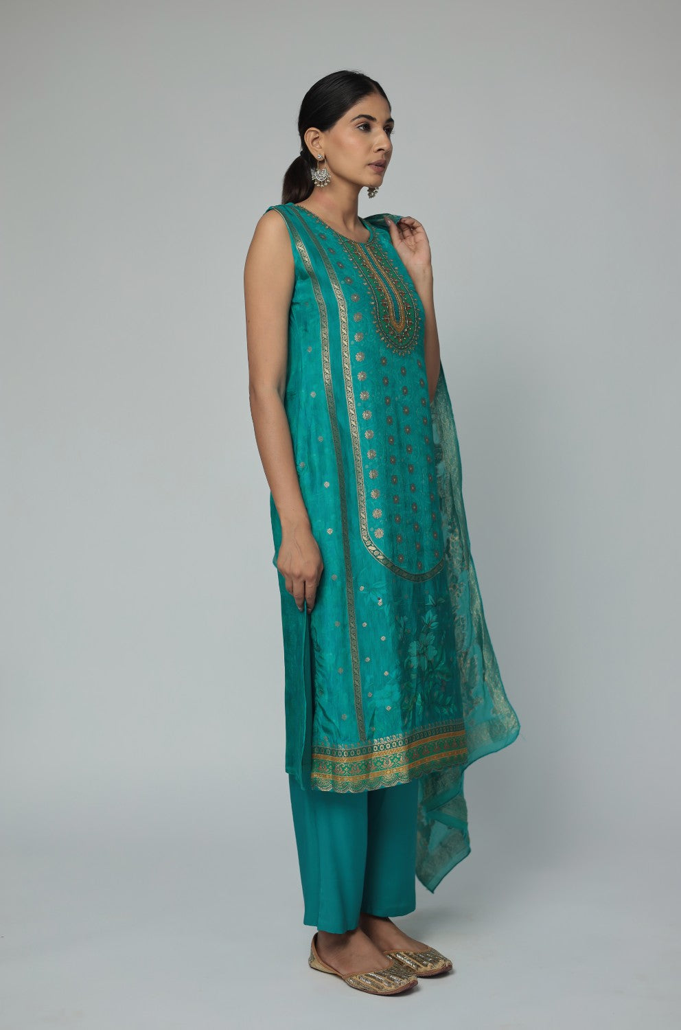 Banarasi Jacquard Chanderi Rama Green Suit with Jacquard Dupatta, Soft Silk Pant and Inner Lining in Kurti