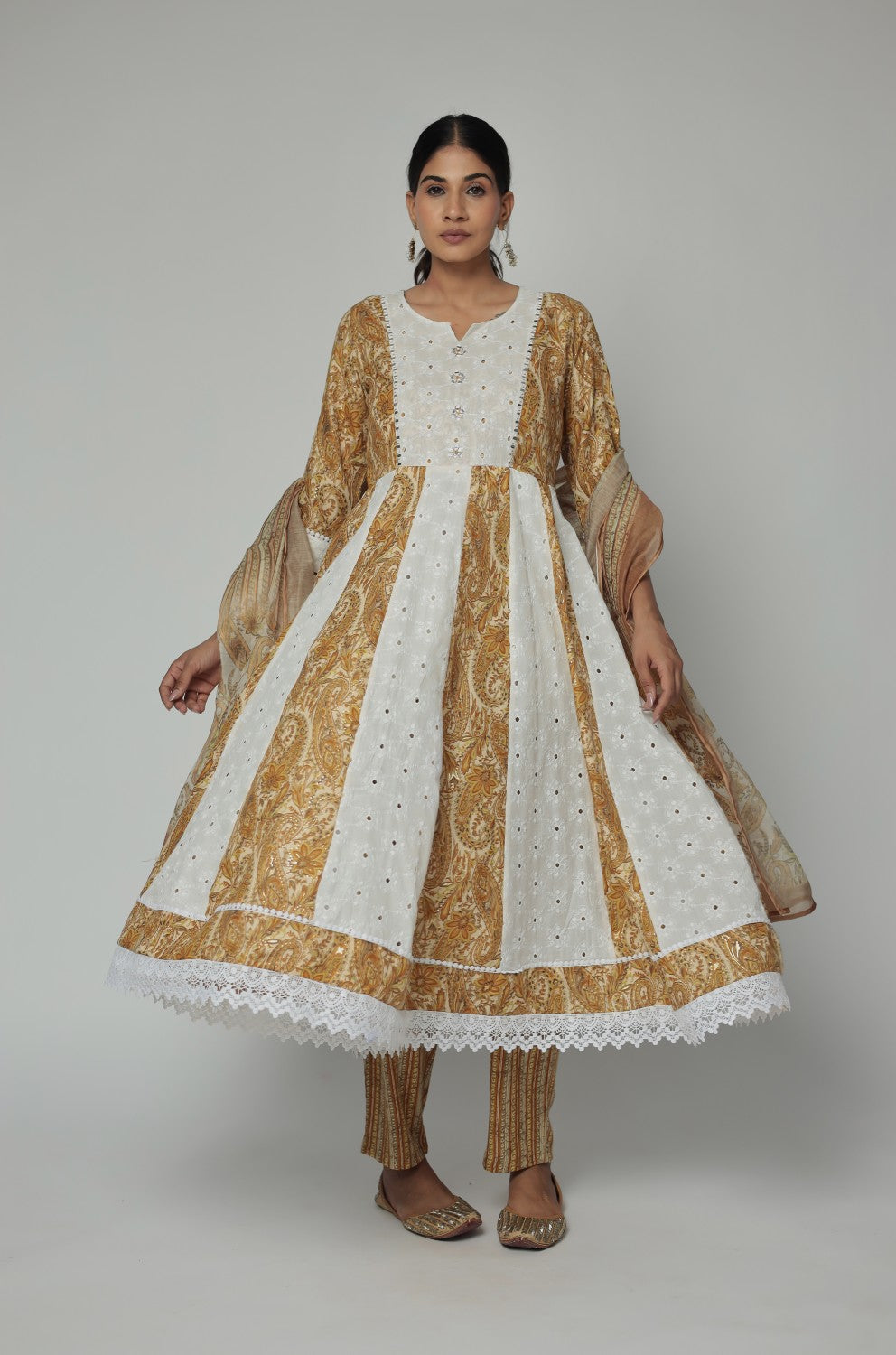 Mustard Schiffli  Anarkali Dupatta Set Detailed with mirror work