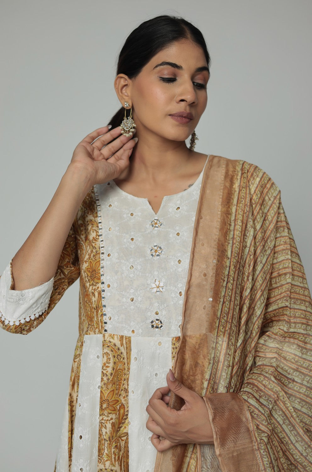 Mustard Schiffli  Anarkali Dupatta Set Detailed with mirror work