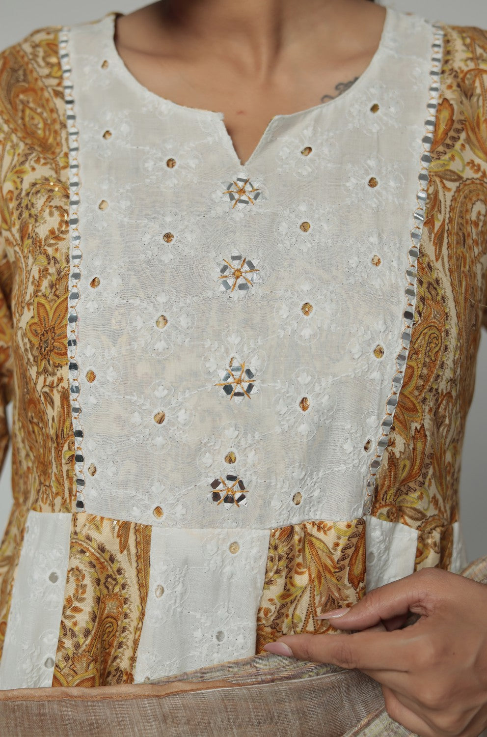 Mustard Schiffli  Anarkali Dupatta Set Detailed with mirror work