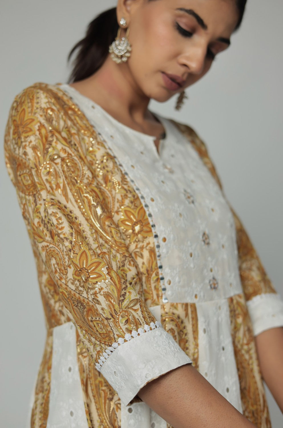Mustard Schiffli  Anarkali Dupatta Set Detailed with mirror work