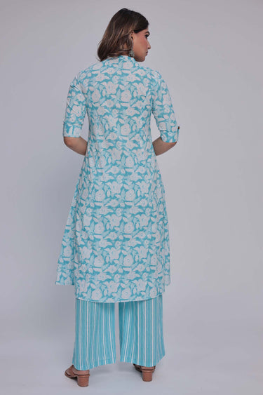 Women's Light Blue Princess cut Printed kurta and pant