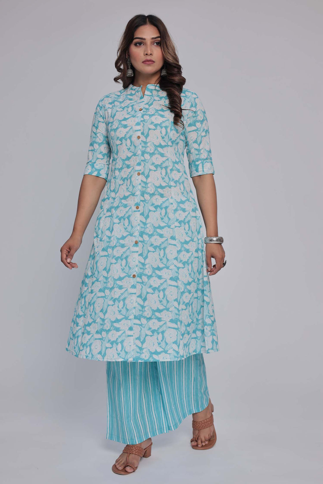 Women's Light Blue Princess cut Printed kurta and pant