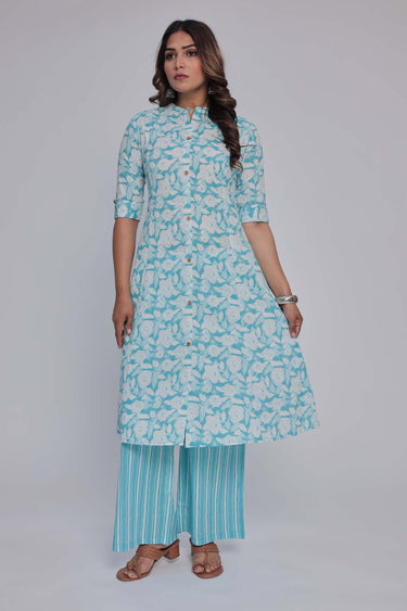 Women's Light Blue Princess cut Printed kurta and pant