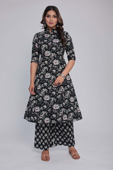 Women's Black Princess cut Printed kurta and pant