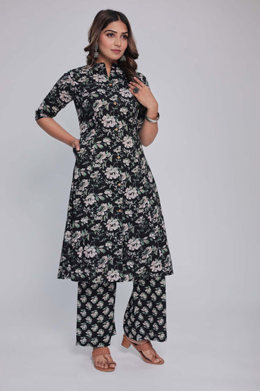 Women's Black Princess cut Printed kurta and pant