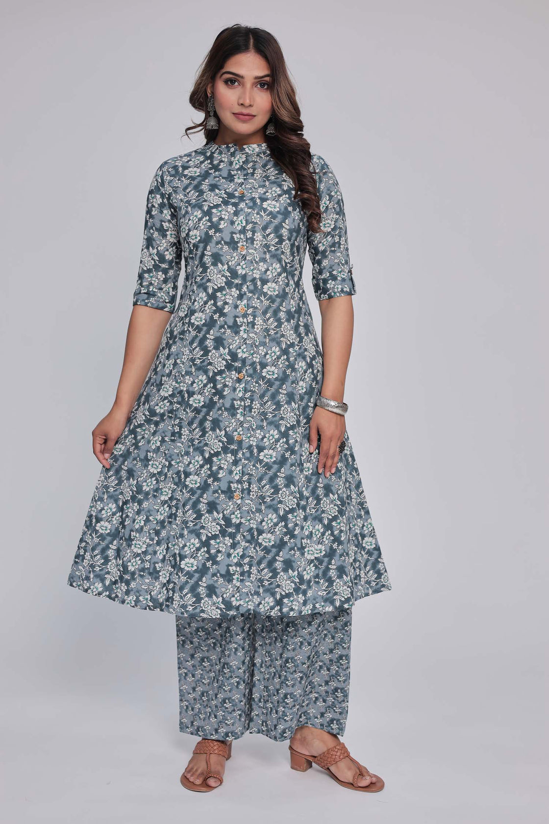 Women's Dark Grey Princess cut Printed kurta and pant