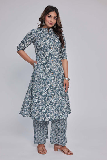 Women's Dark Grey Princess cut Printed kurta and pant