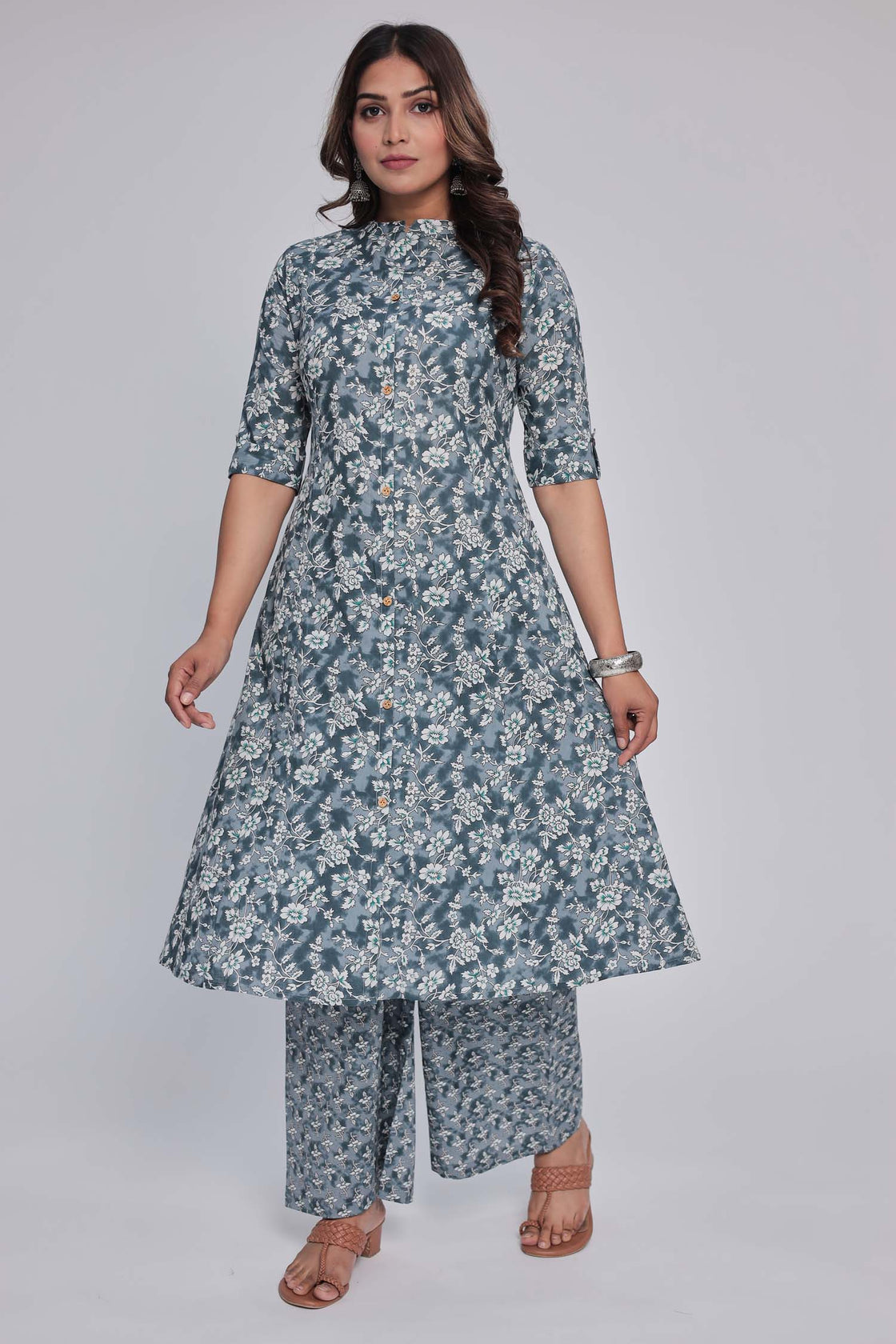 Women's Dark Grey Princess cut Printed kurta and pant