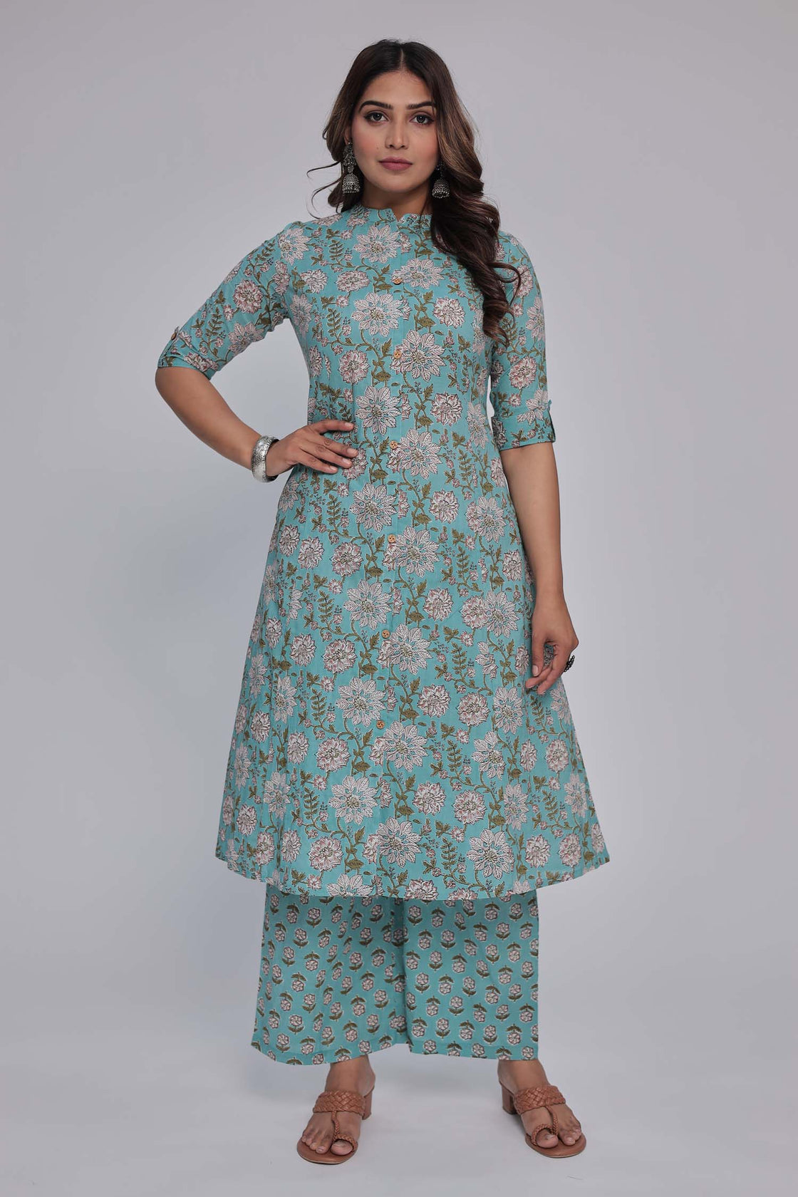 Women's Sea Green Princess cut Printed kurta and pant