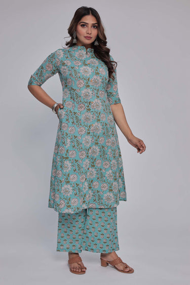 Women's Sea Green Princess cut Printed kurta and pant