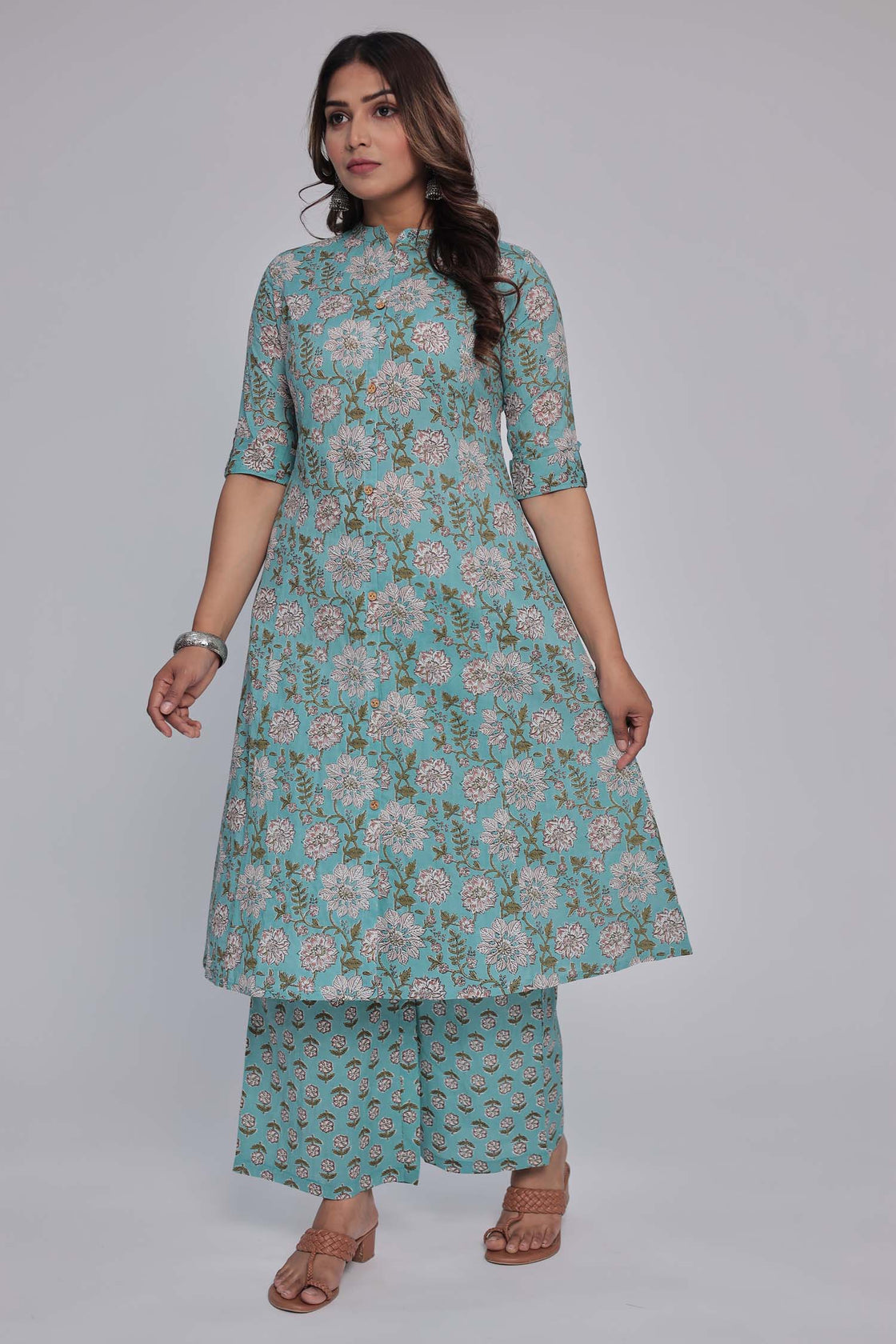 Women's Sea Green Princess cut Printed kurta and pant