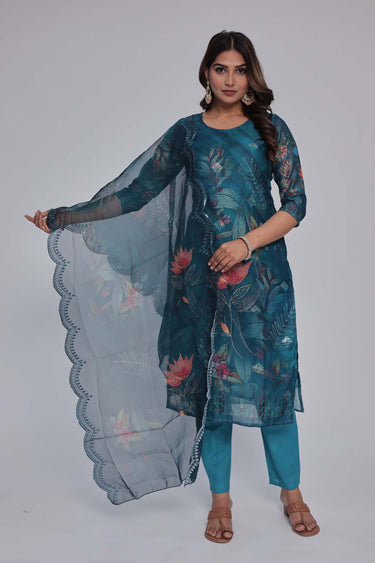 Women's Blue chanderi Kurta Dhuppata & Pants set