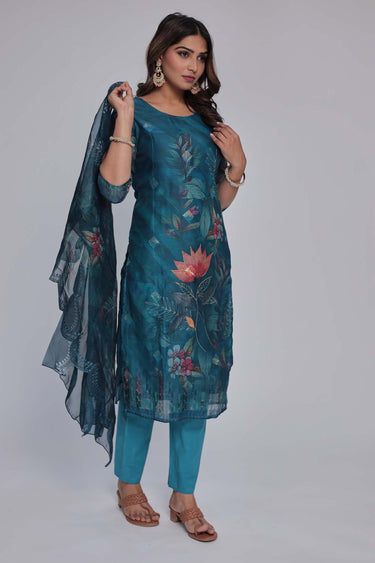 Women's Blue chanderi Kurta Dhuppata & Pants set