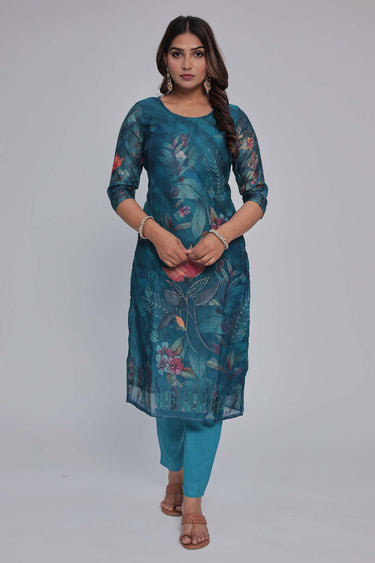 Women's Blue chanderi Kurta Dhuppata & Pants set