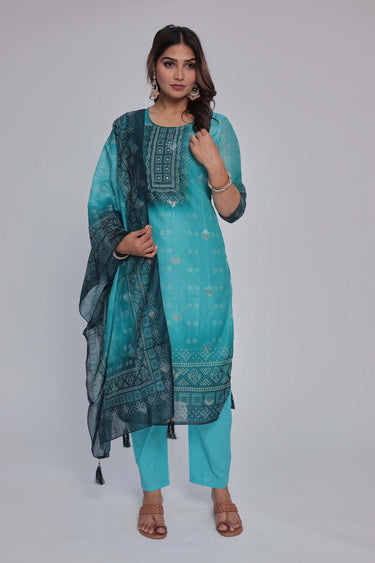 Women's Turquoise Blue chanderi Kurta Dhuppata & Pants set