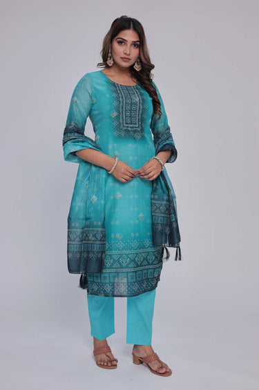 Women's Turquoise Blue chanderi Kurta Dhuppata & Pants set