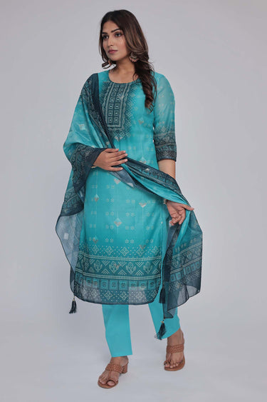 Women's Turquoise Blue chanderi Kurta Dhuppata & Pants set