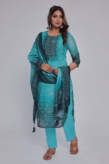 Women's Turquoise Blue chanderi Kurta Dhuppata & Pants set