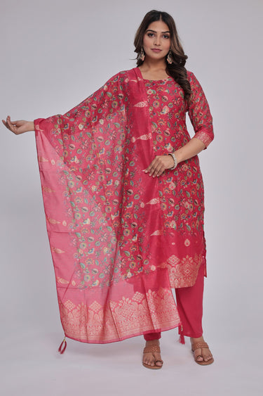 Women's Red chanderi Kurta Dhuppata & Pants set