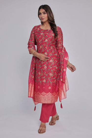 Women's Red chanderi Kurta Dhuppata & Pants set