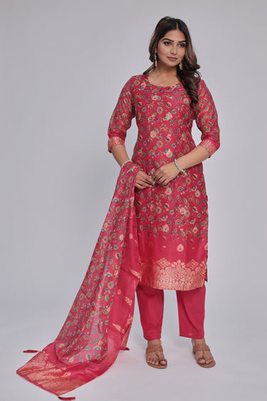 Women's Red chanderi Kurta Dhuppata & Pants set