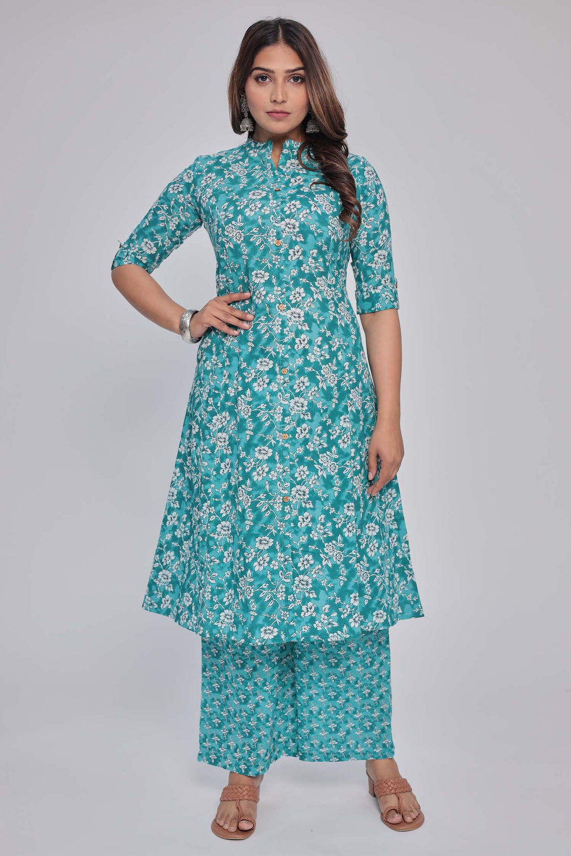 Women's Blue Princess cut Printed kurta and pant