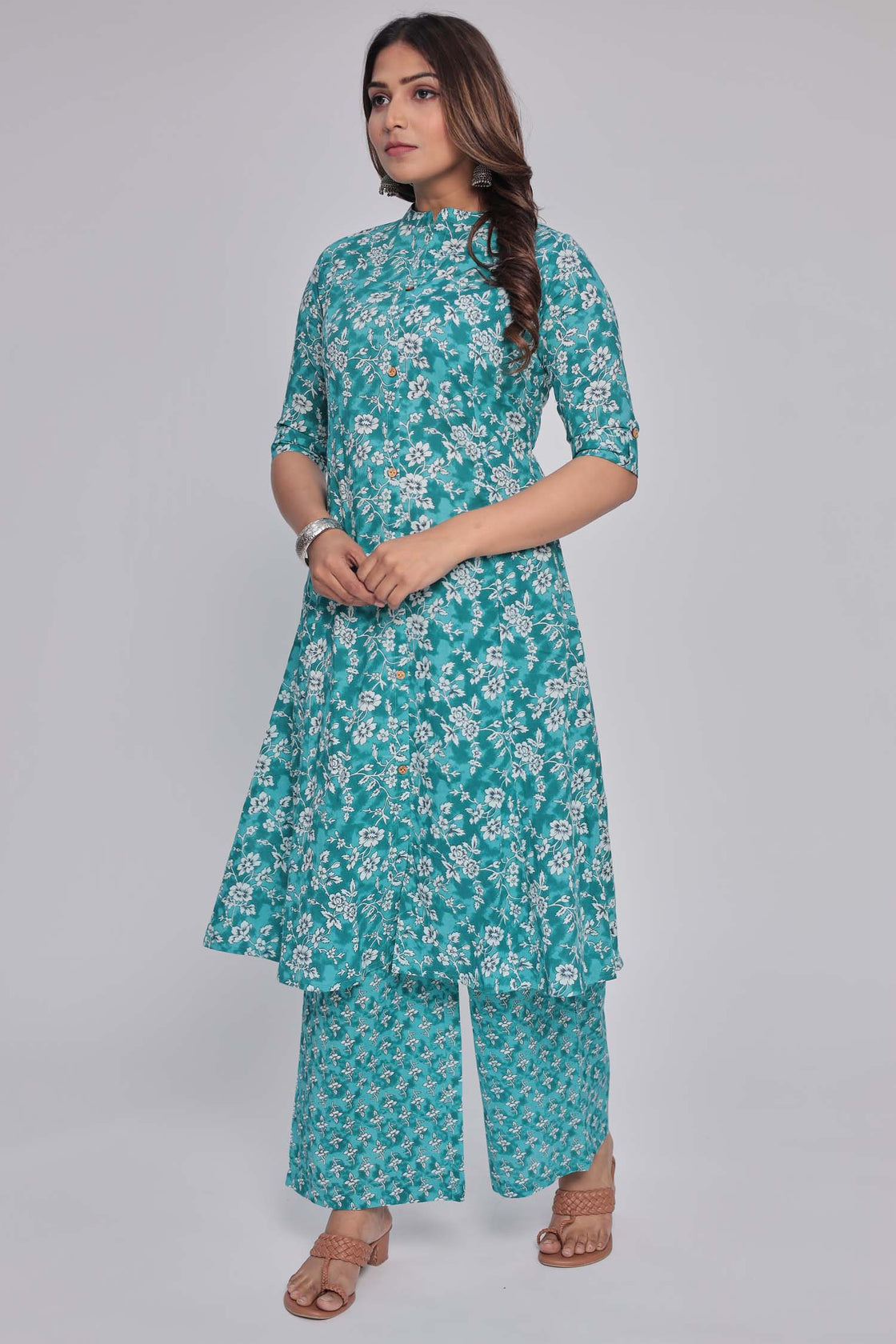 Women's Blue Princess cut Printed kurta and pant